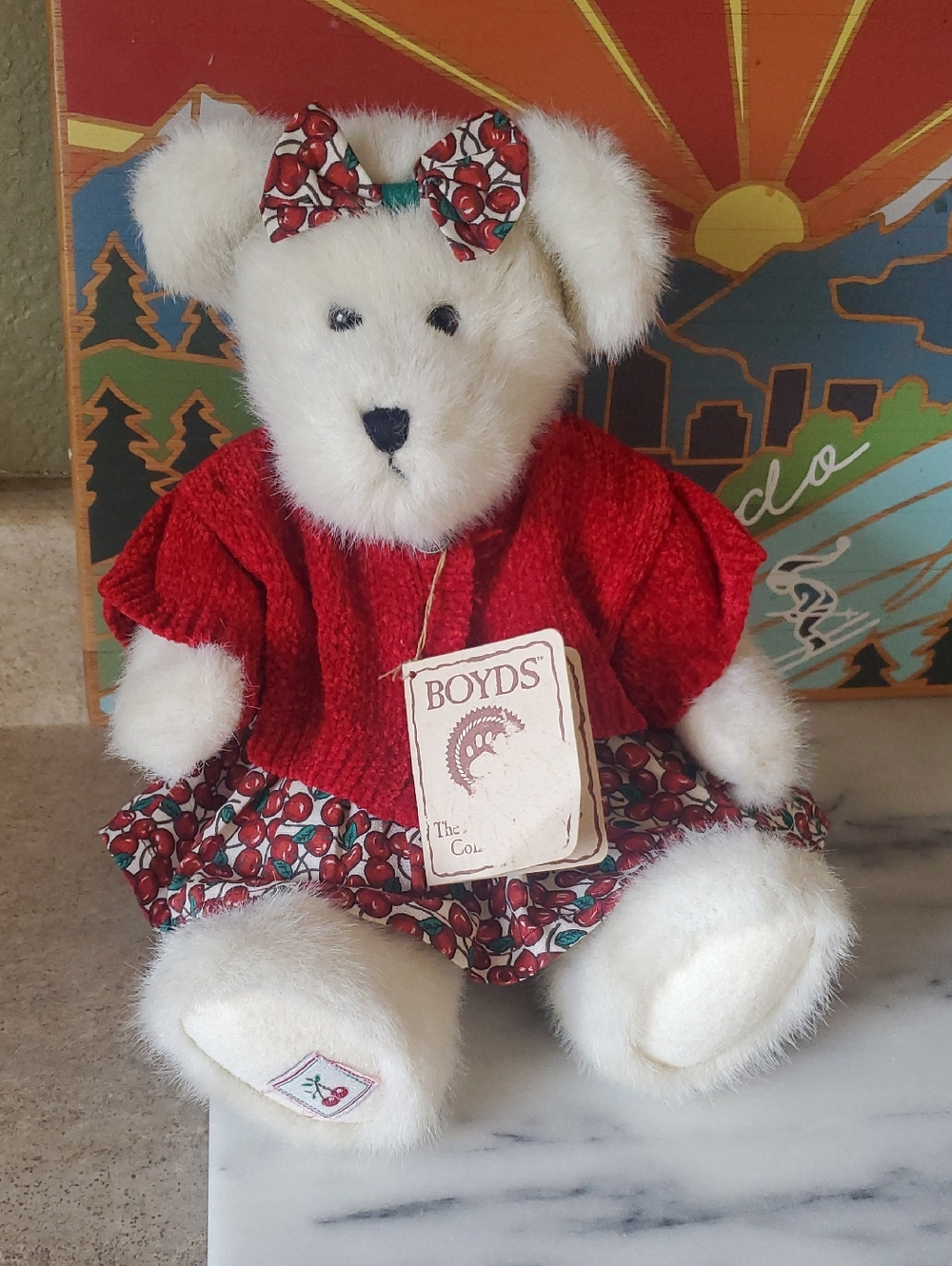 Boyds Plush White Bear in Red Dress with Cherry Print, Erica Cherrybeary